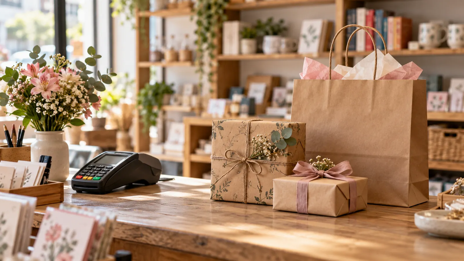 Ilustración de regalos pequeños, una bolsa de papel y una terminal de pago sobre el mostrador de un comercio