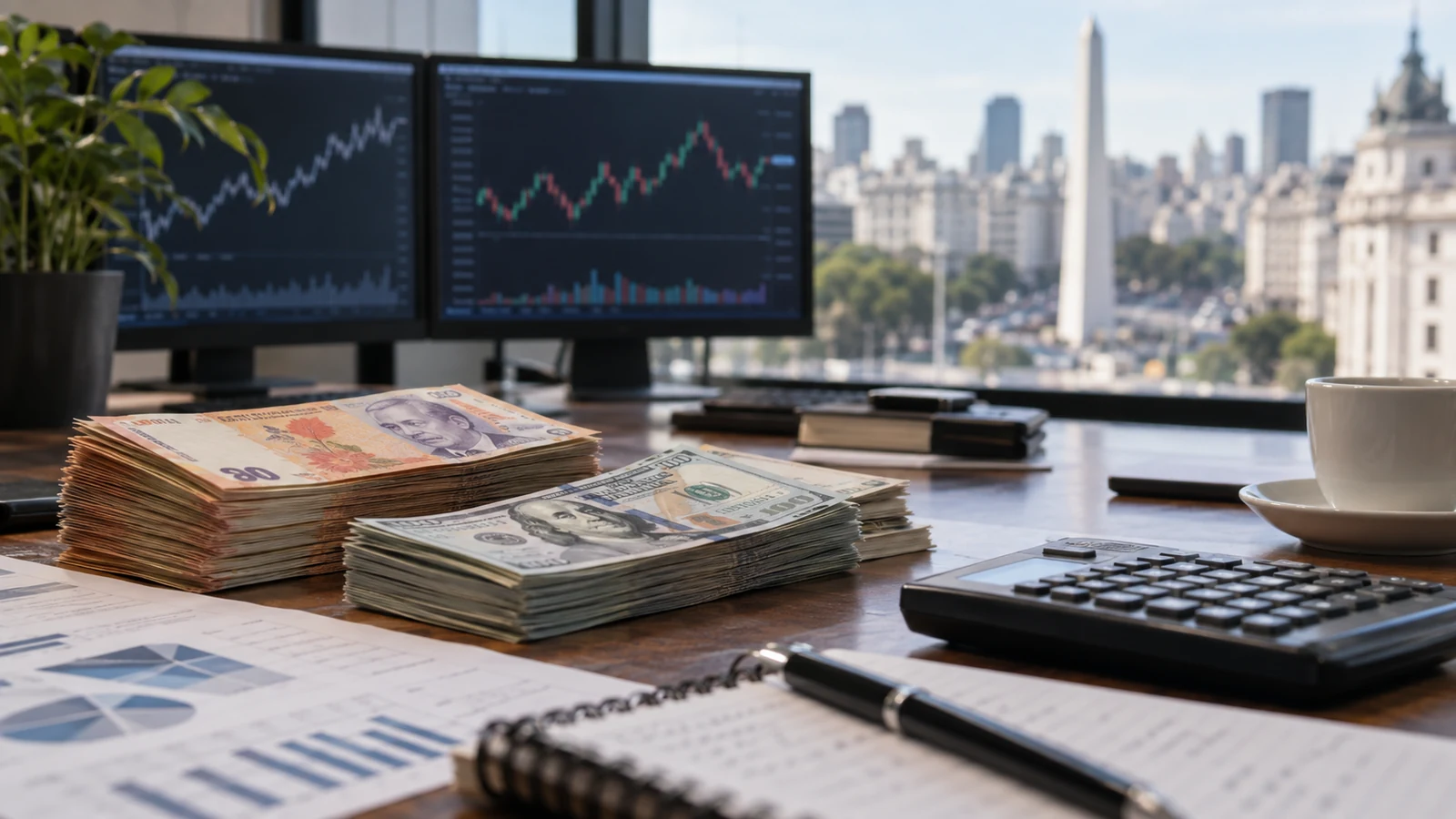 Mesa de análisis financiero en Buenos Aires con pesos, dólares, calculadora y gráficos económicos