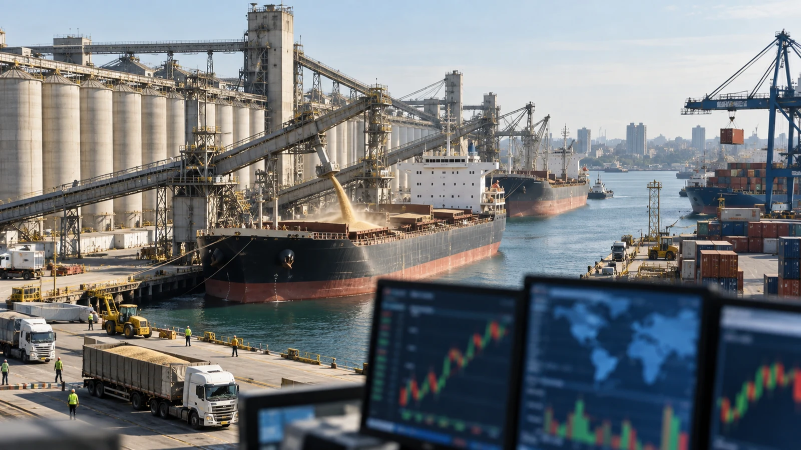 Terminal portuaria argentina con contenedores y grúas durante una operación de exportación