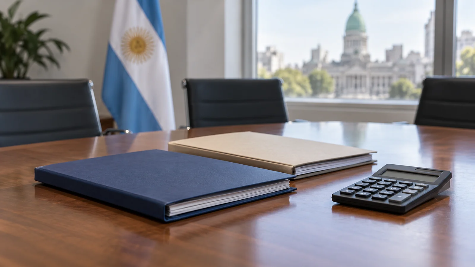 Ilustración de carpetas y una calculadora sobre una mesa de reuniones con bandera argentina al fondo