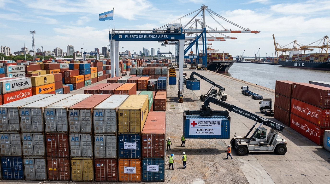 Contenedores e insumos médicos en un depósito portuario, simbolizando importaciones