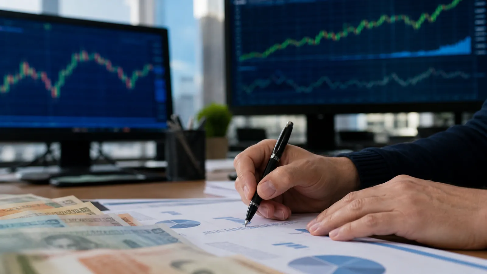 Mesa de análisis financiero con gráficos de evolución inflacionaria, cotizaciones bursátiles, billetes de pesos y cálculos económicos
