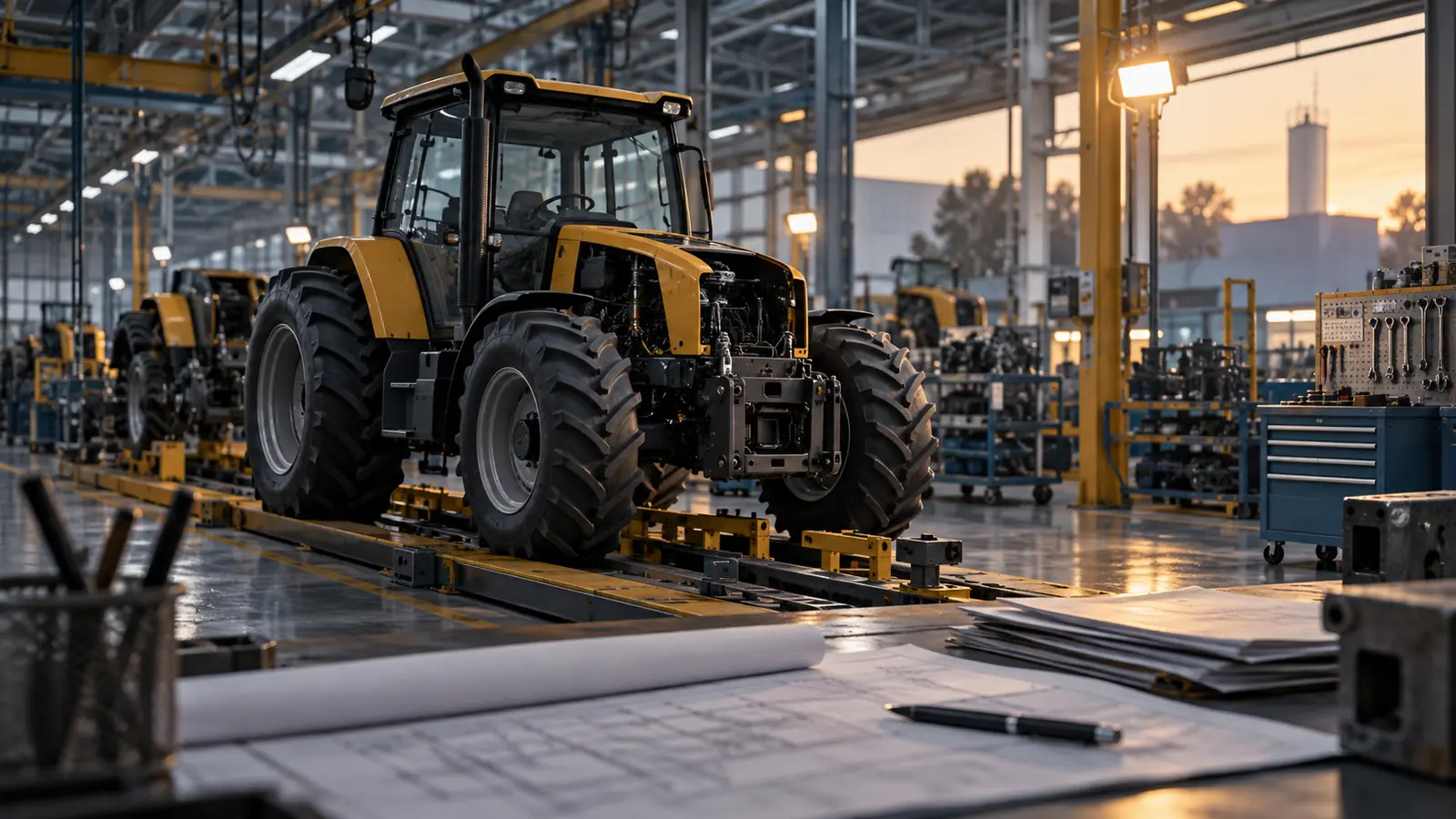 Ilustración editorial de un tractor agrícola genérico en una planta de montaje con herramientas y documentación