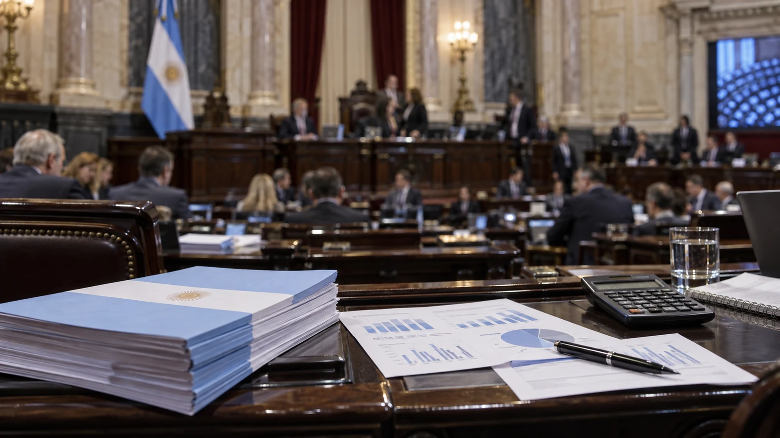 Documentos y gráficos del Presupuesto 2027 sobre una banca del Congreso argentino