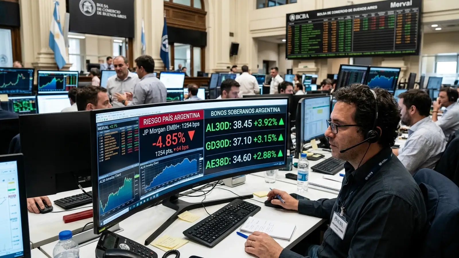Mesa de operaciones financieras en la Bolsa de Comercio de Buenos Aires reflejando la suba de los bonos y la baja del riesgo país