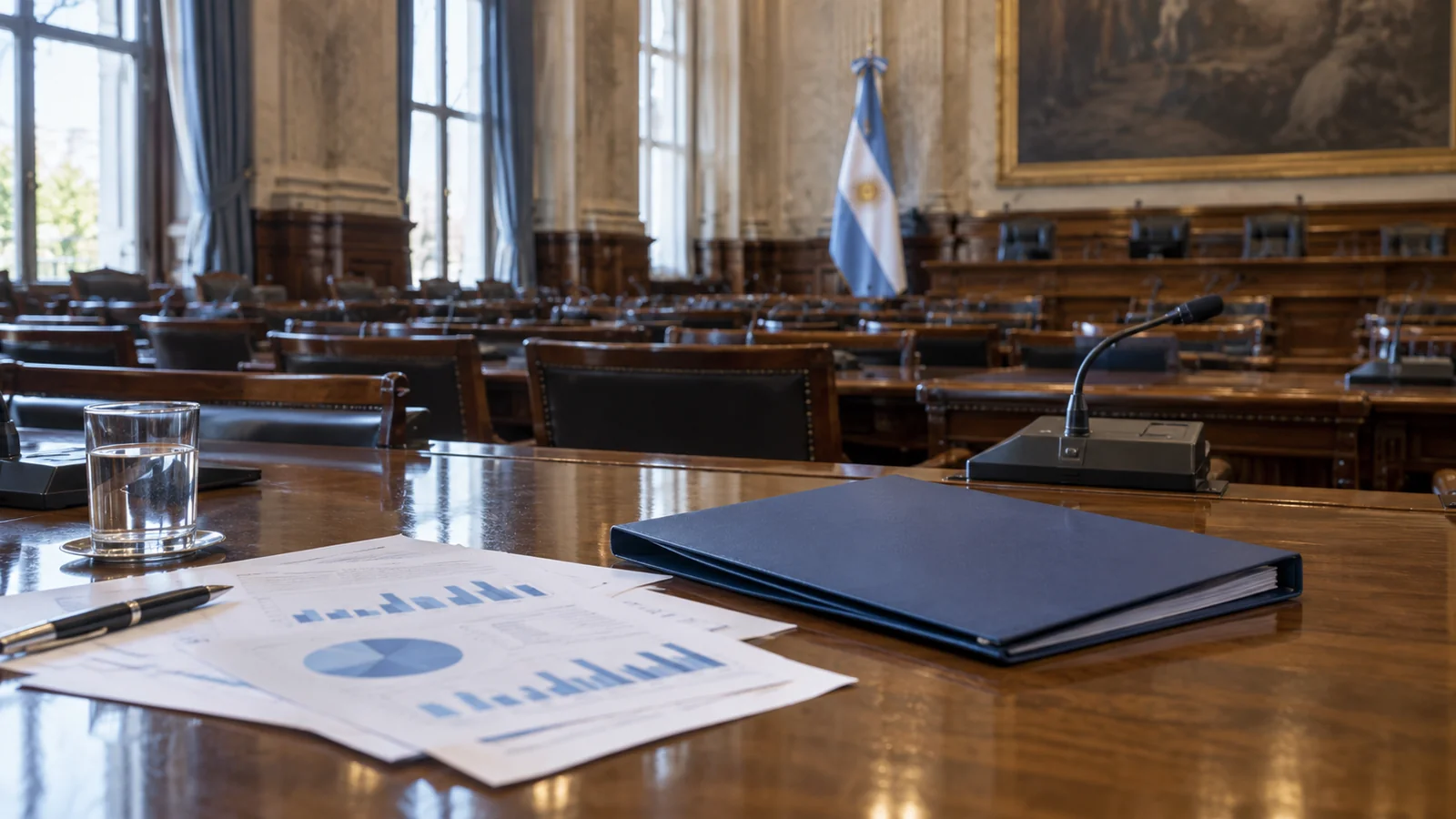 Ilustración de una sala legislativa argentina vacía con una carpeta azul y gráficos productivos sobre un escritorio