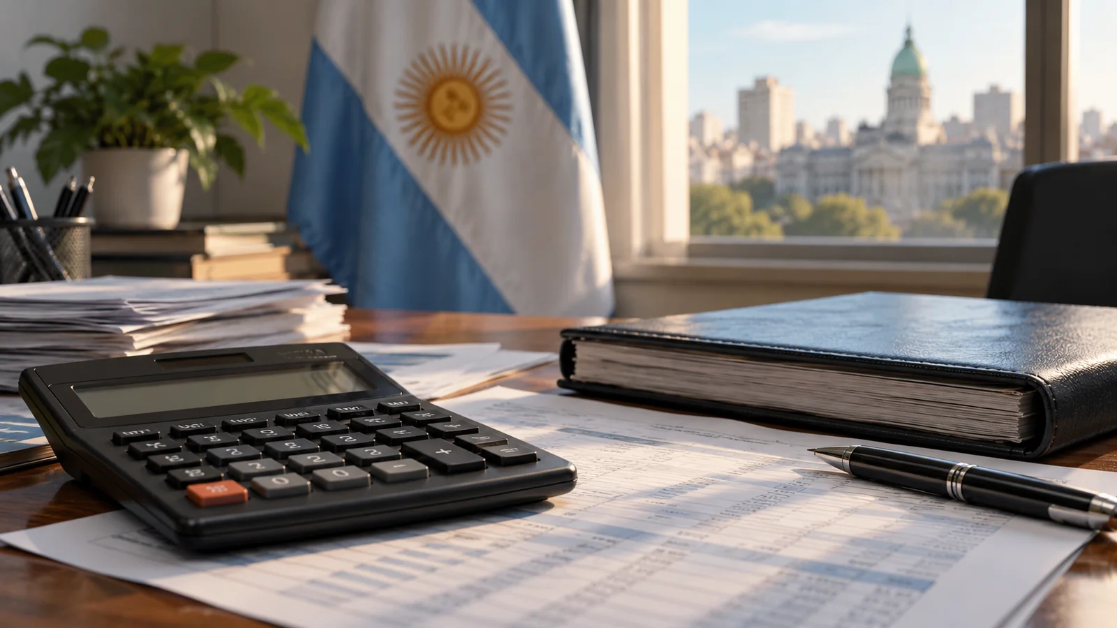Ilustración editorial de una calculadora y un libro contable con bandera argentina al fondo