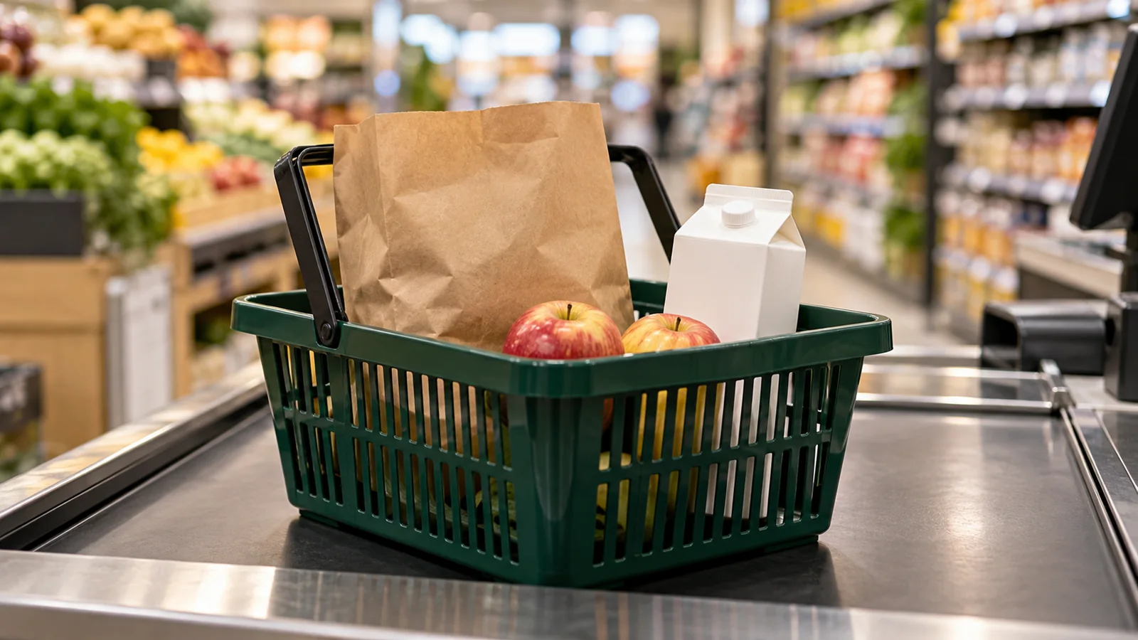 Ilustración de una canasta con alimentos sin marca sobre la caja de un supermercado genérico