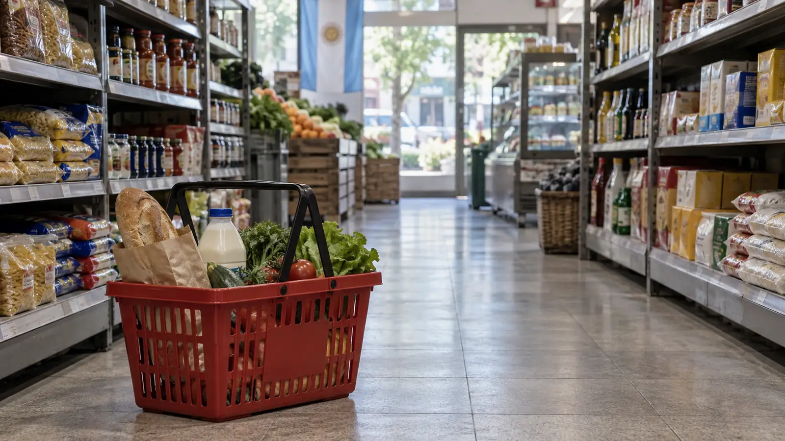 Ilustración de una canasta con alimentos en el pasillo de un supermercado
