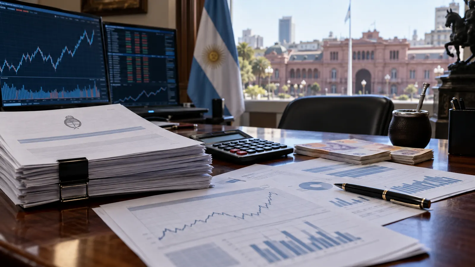 Escritorio financiero con documentos, calculadora, gráficos de mercado y una bandera argentina frente a la Casa Rosada