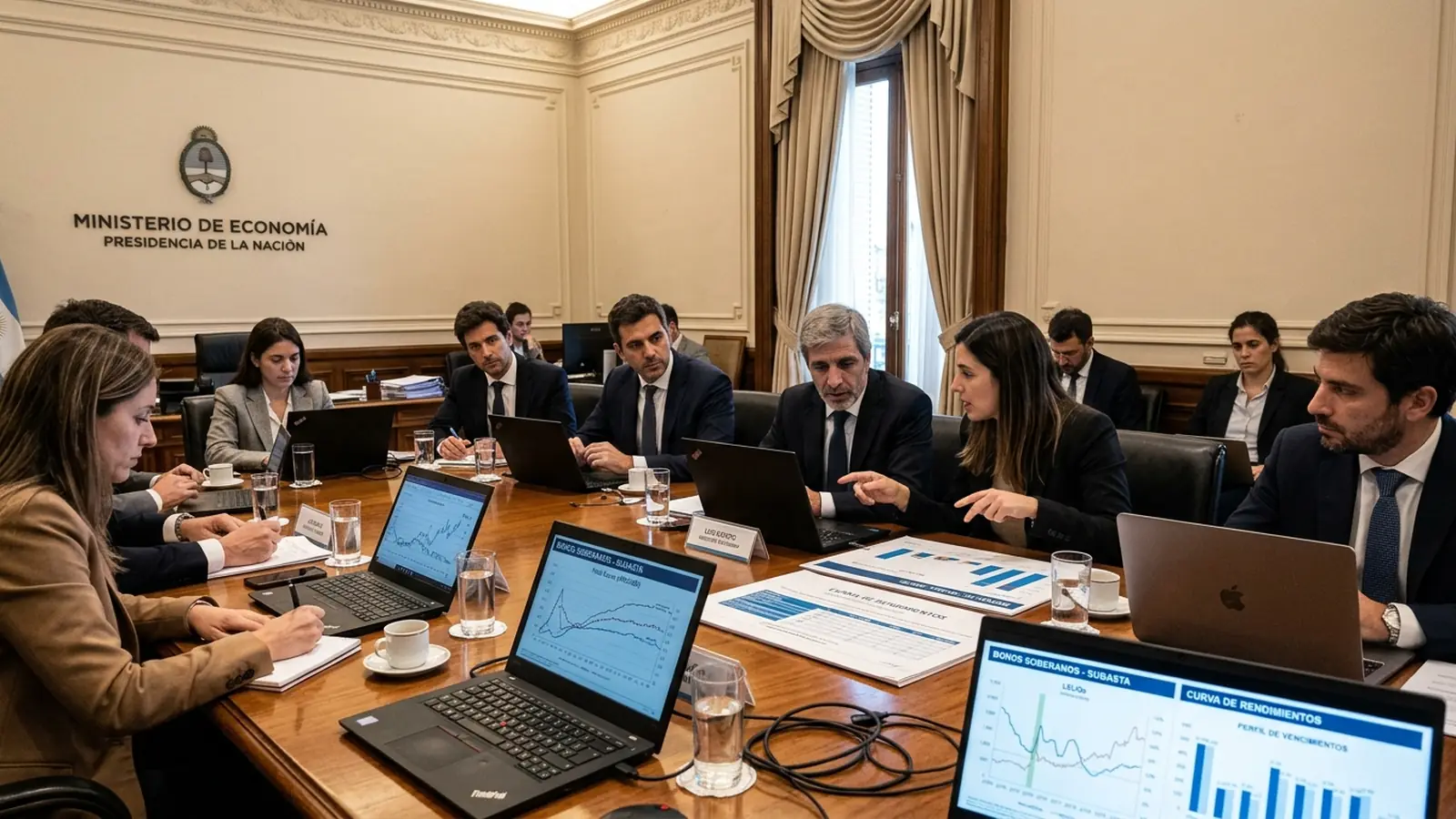 Reunión de autoridades del Ministerio de Economía analizando las curvas de rendimiento y el cronograma de colocación de bonos soberanos