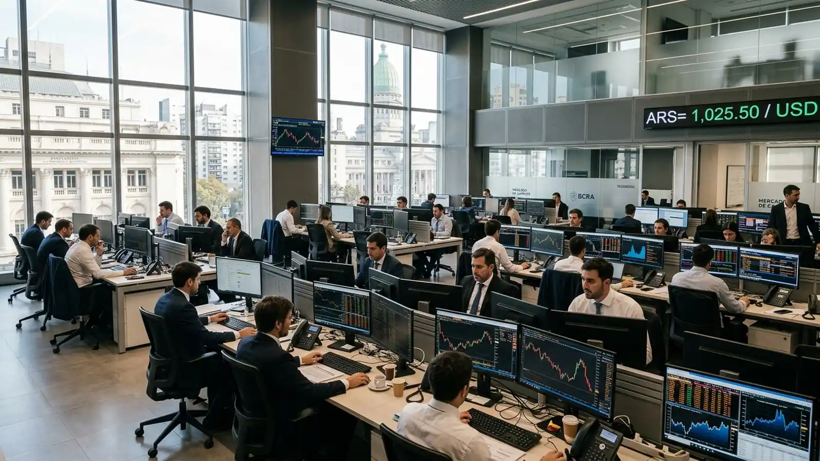 Sala de operaciones de la mesa de dinero y tesorería del Banco Central de la República Argentina con pantallas de cotizaciones cambiarias