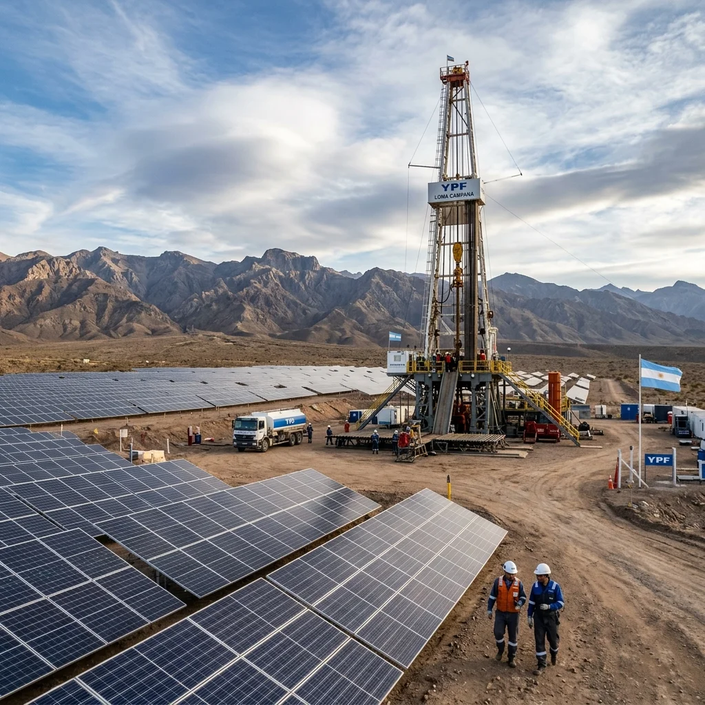 Plataforma petrolera y paneles solares, energía Argentina