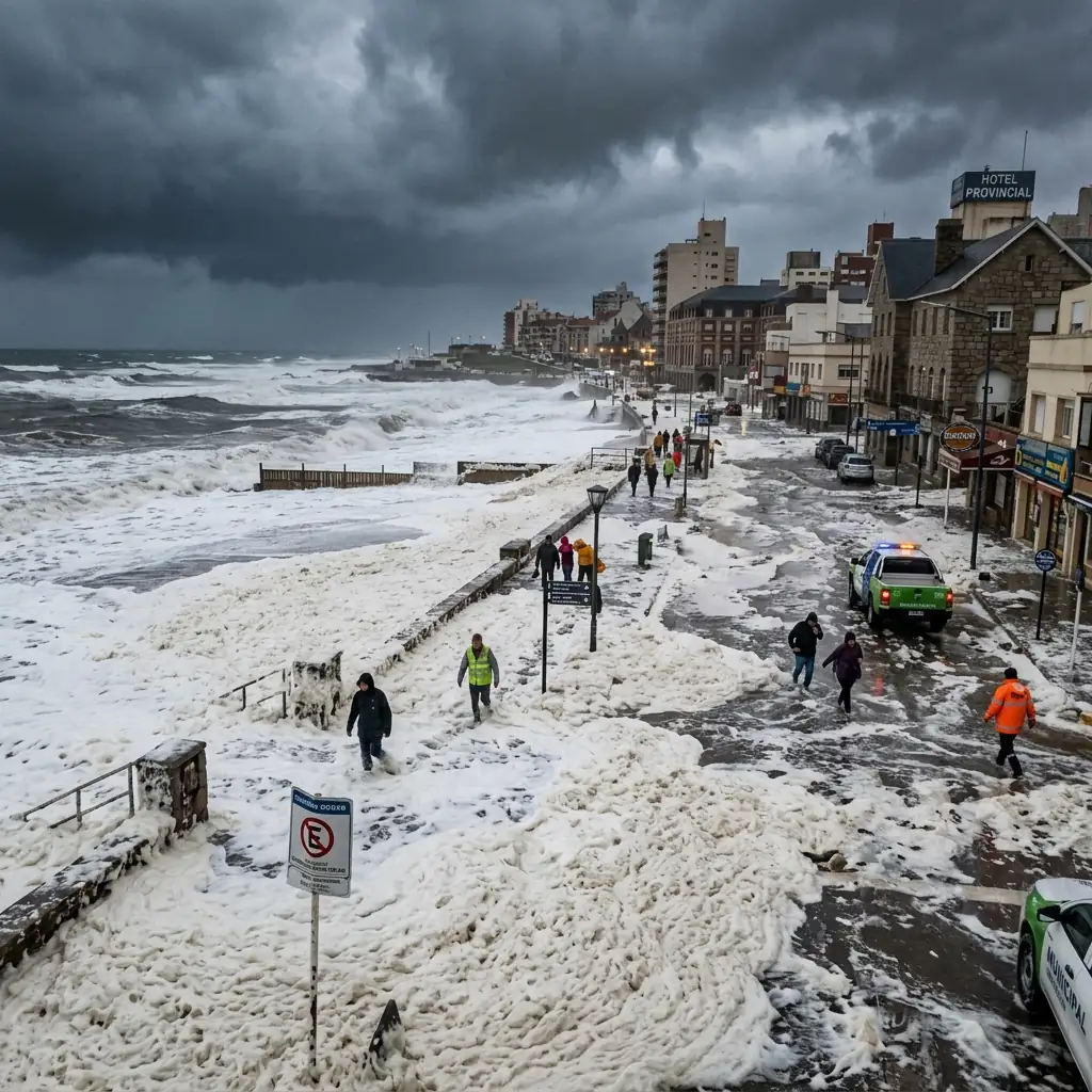 Espuma marina cubriendo la costa de Quequén durante el temporal de mayo 2026