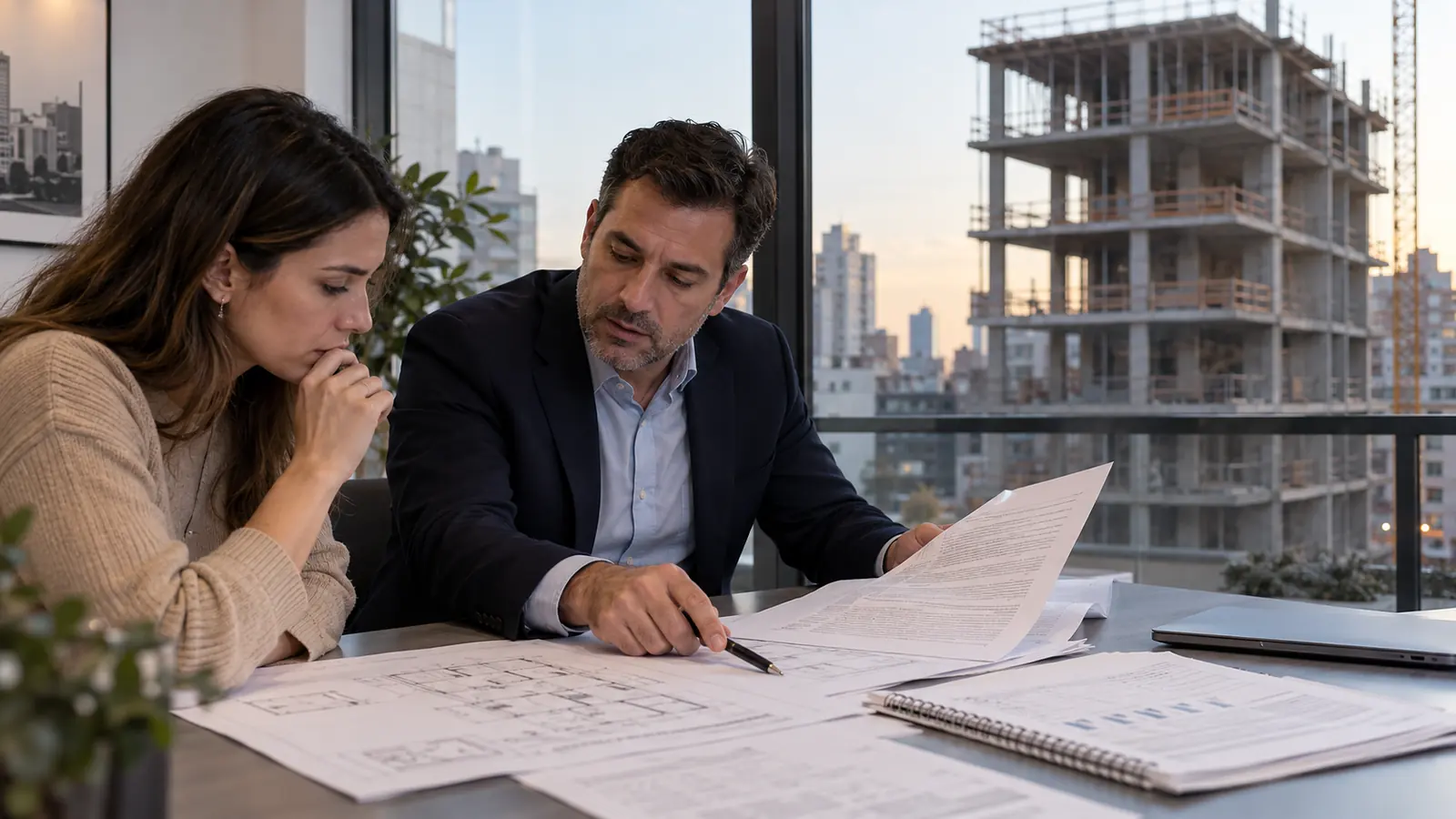 Compradora y profesional revisan un contrato y planos de un departamento en construcción