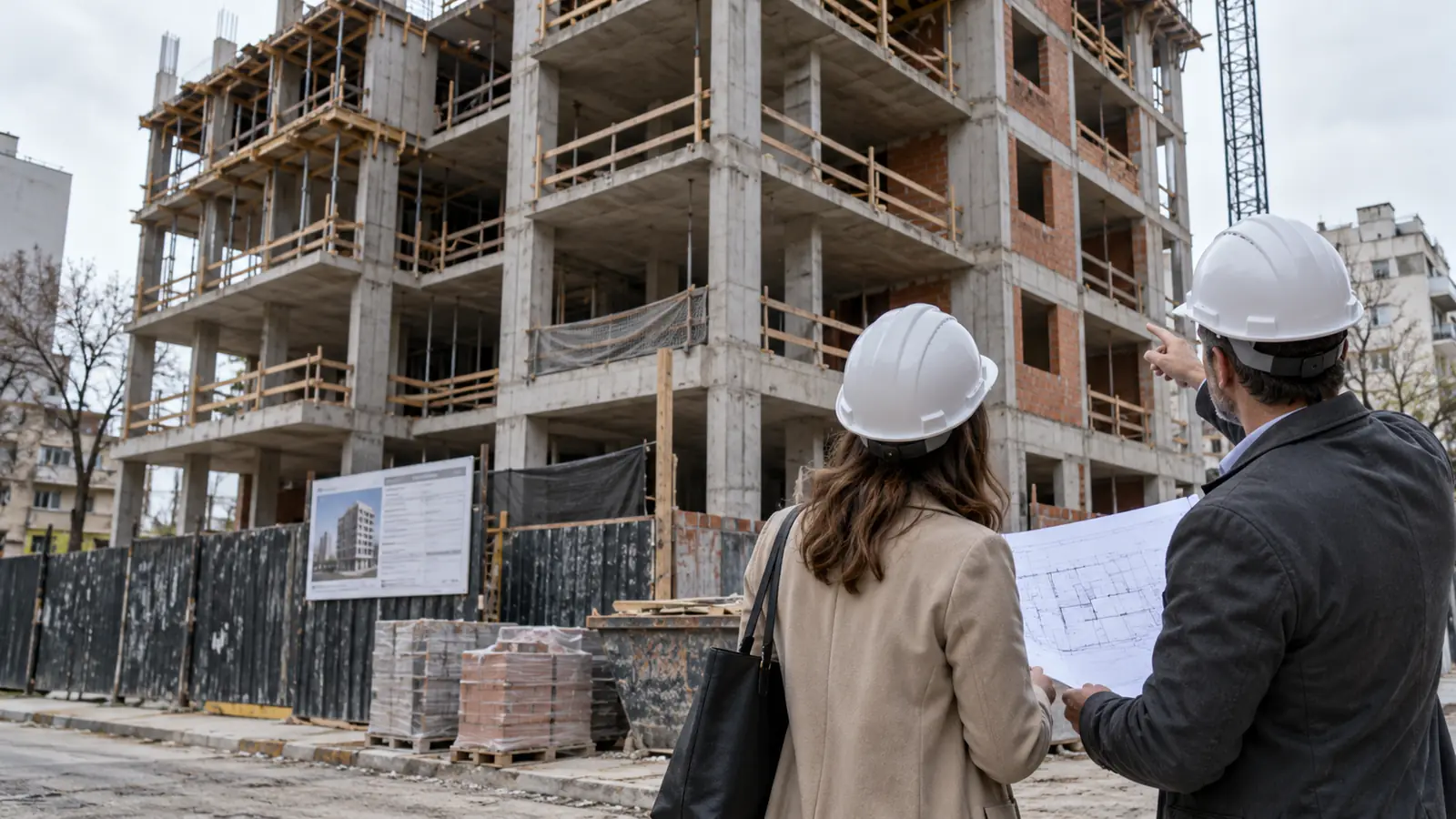 Compradora y arquitecto inspeccionan una obra de departamentos desde el pozo