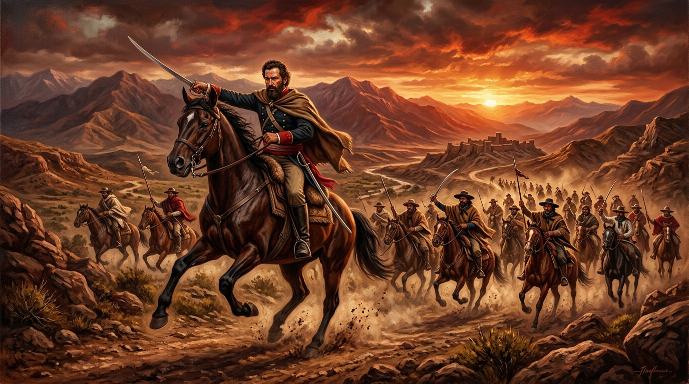 Pintura épica del General Martín Miguel de Güemes a caballo en Salta durante la guerra de independencia.