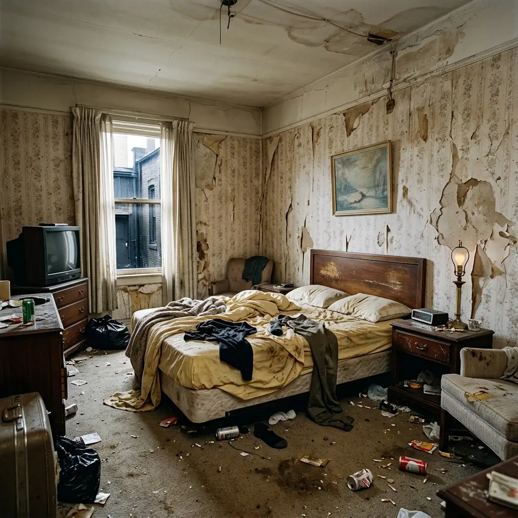 Habitación de hotel deteriorada - imagen ilustrativa Hotel Pualy Escobar