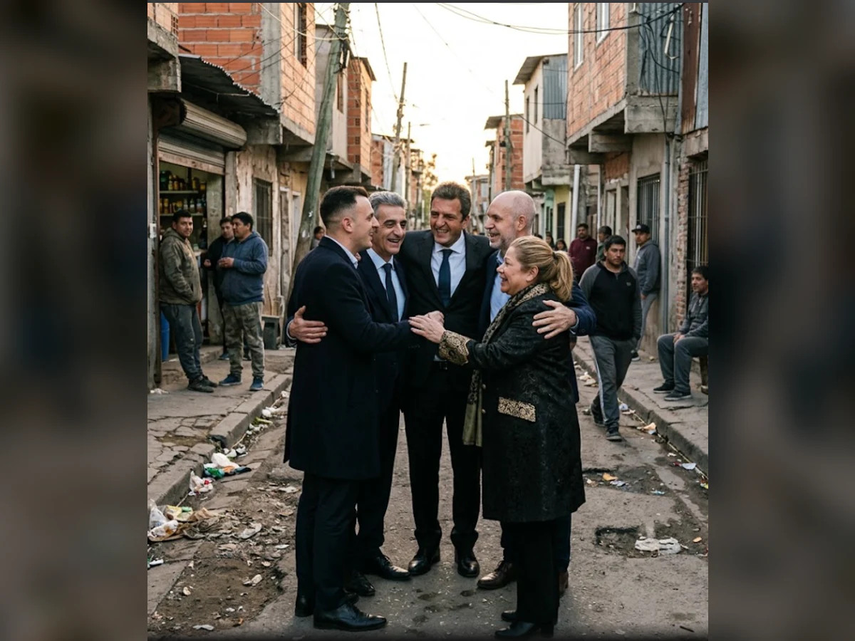 Grupo de dirigentes reunidos en una calle de Lanús en una composición ilustrativa