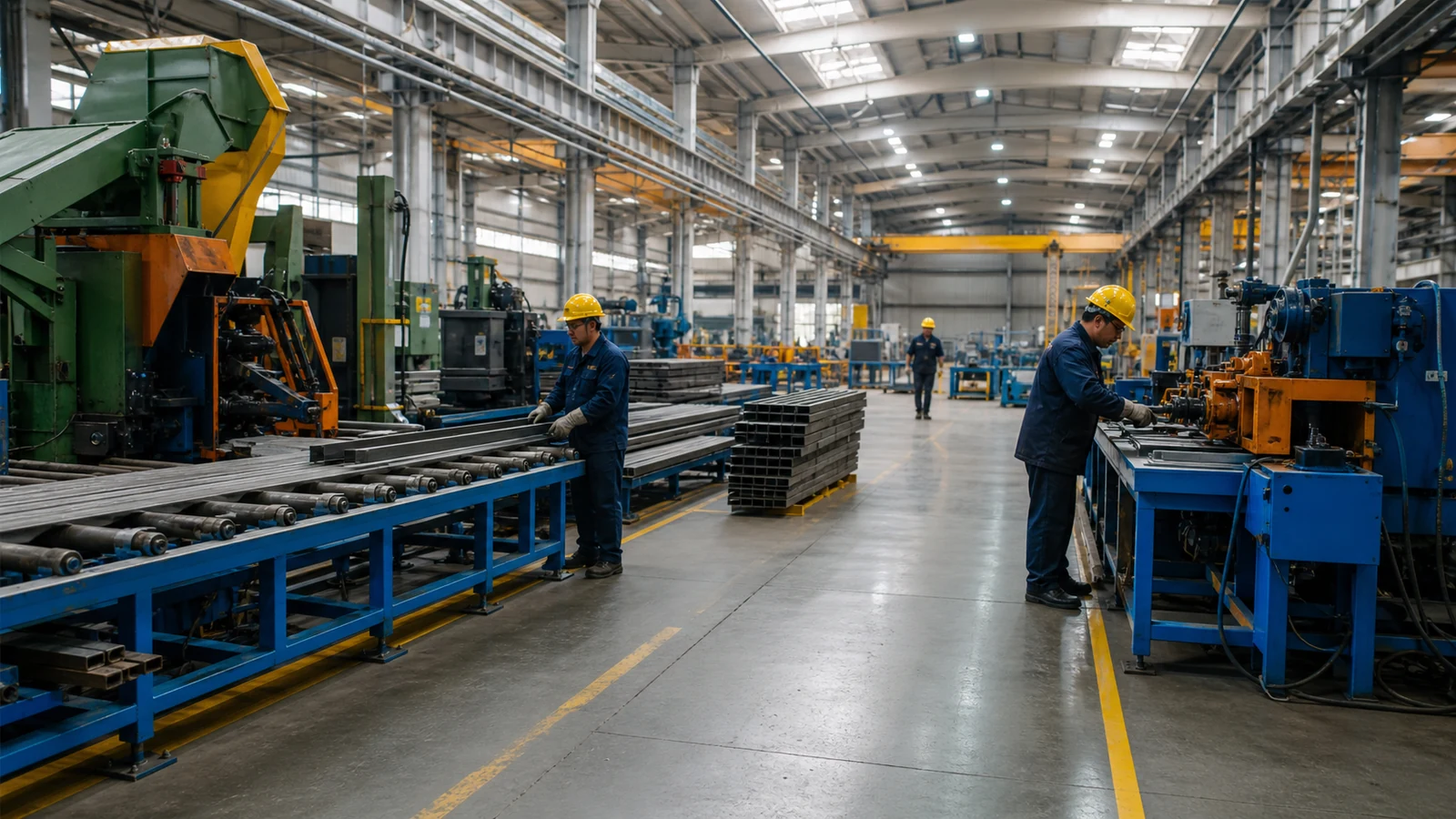 Operarios trabajan con maquinaria metalúrgica dentro de una planta industrial argentina