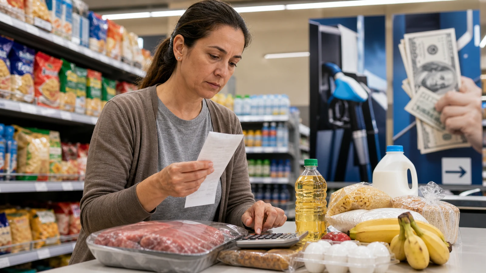 Consumidora revisa un ticket junto a alimentos esenciales en un supermercado de Buenos Aires