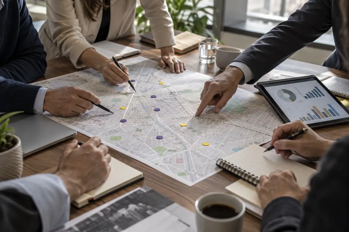 Mesa de planificación territorial con mapa urbano y marcadores para organizar una estrategia municipal