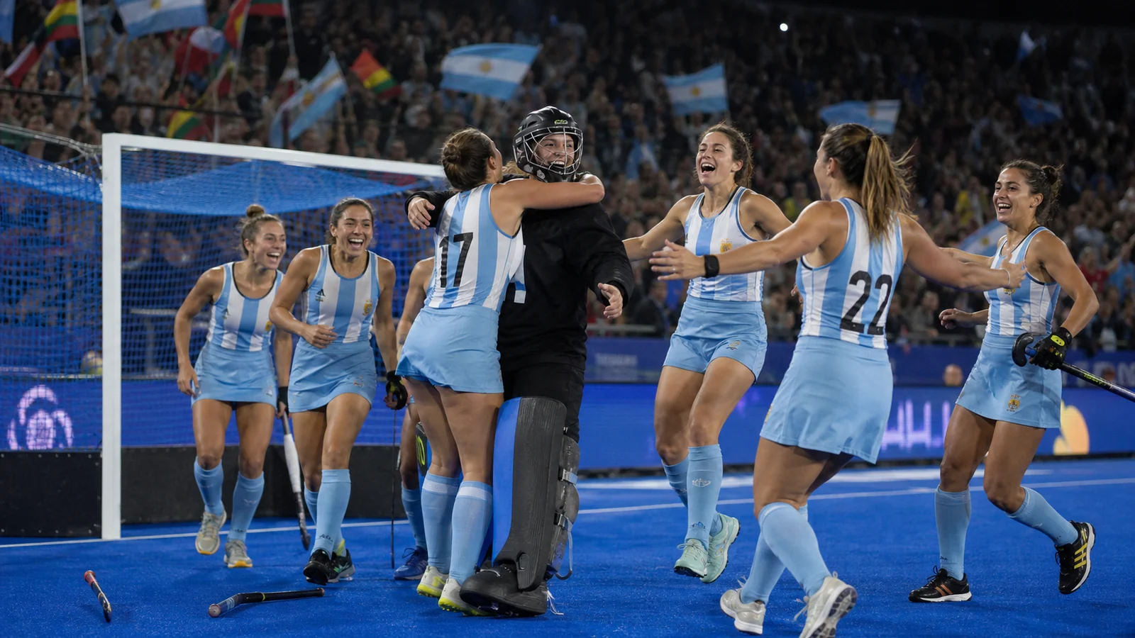 Jugadoras argentinas de hockey celebran junto a su arquera después de la final mundial