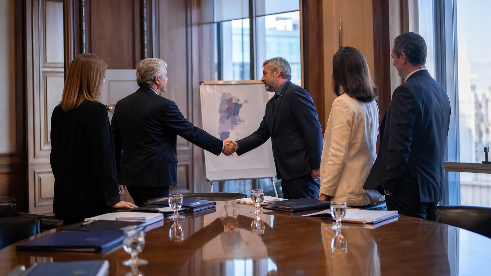 Dirigentes políticos anónimos estrechan sus manos al finalizar una reunión institucional