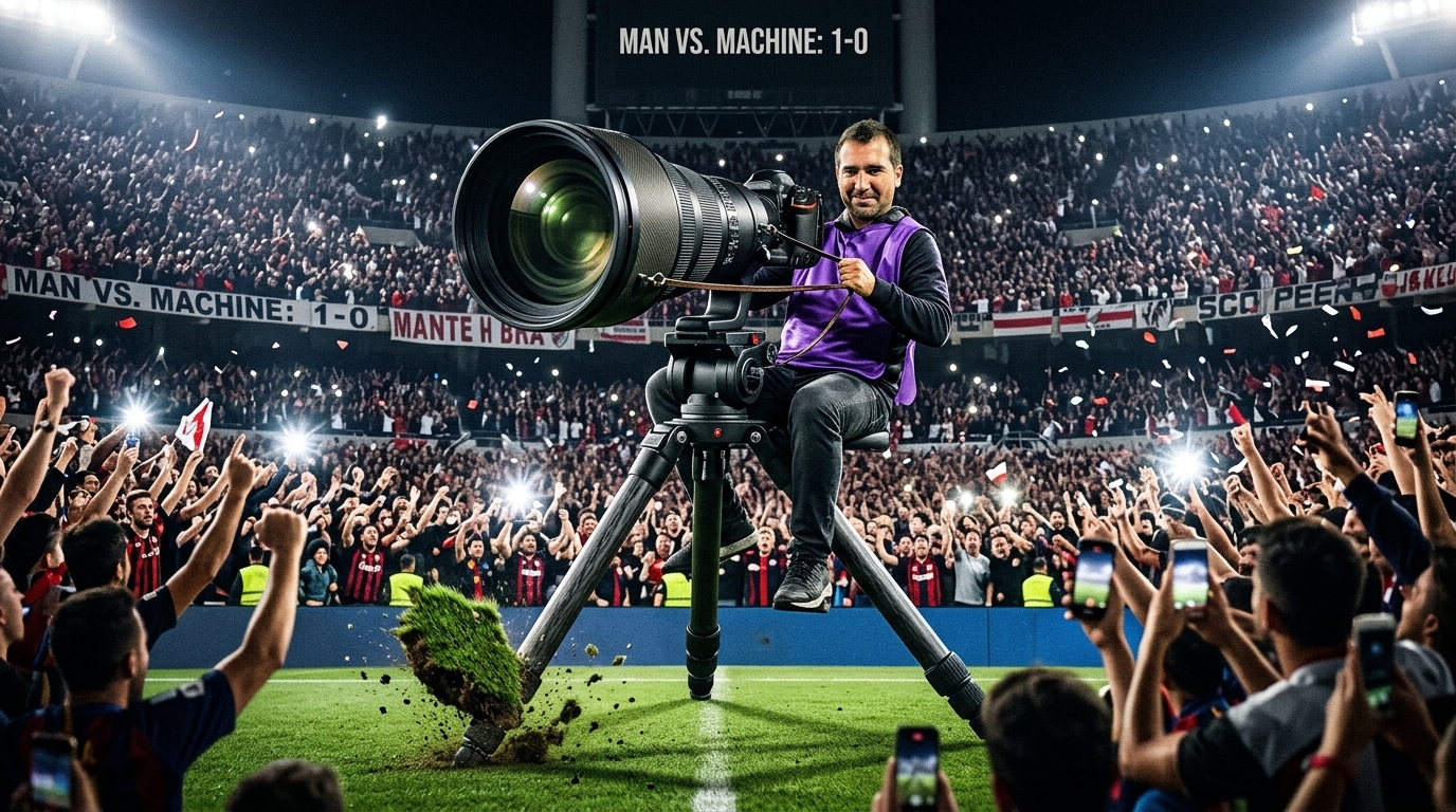 Fotografía dramática de Mauro Alfieri, fotoperiodista, cabalgando sobre un colosal trípode y una cámara fotográfica gigante en medio de un estadio de fútbol lleno de fanáticos.