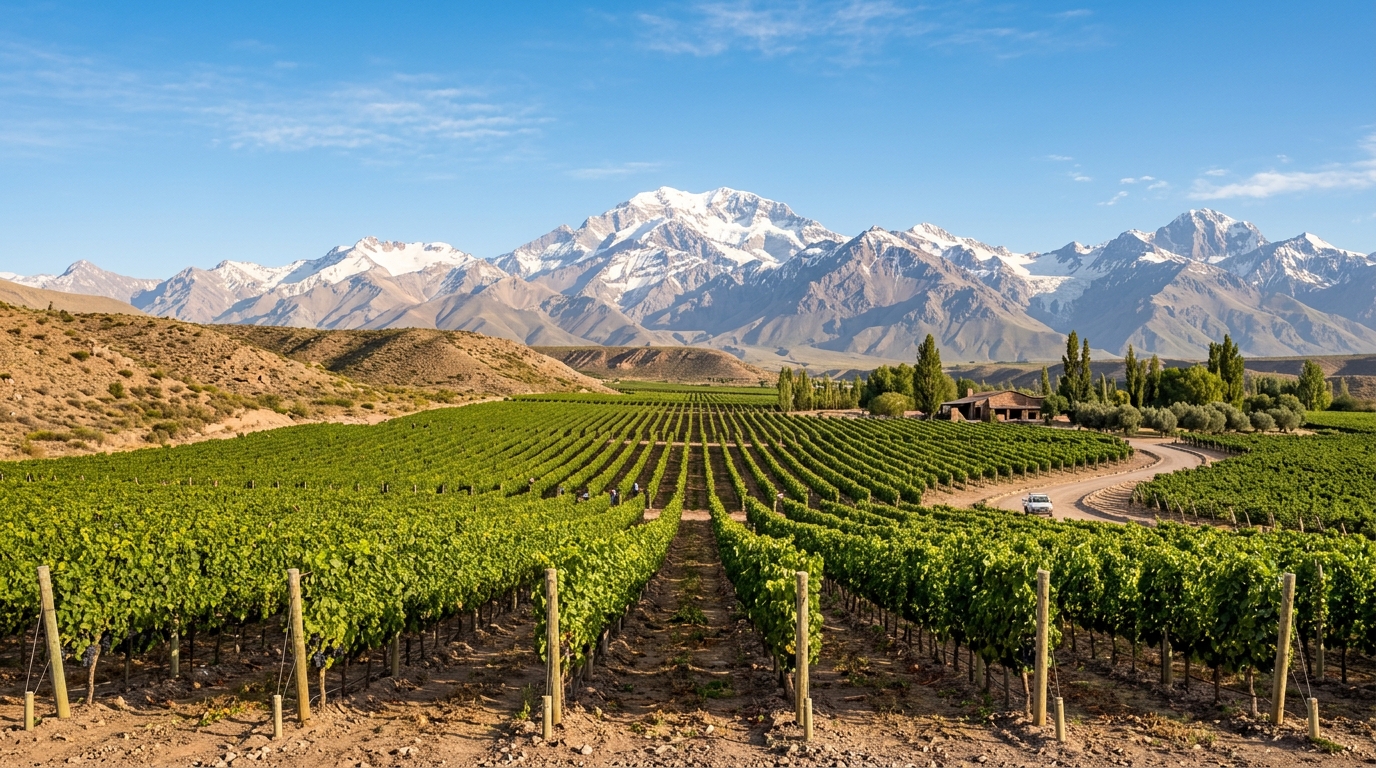 Viñedos de altura en Mendoza con la Cordillera de los Andes de fondo