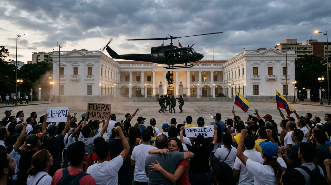 Fotografía dramática conceptual sobre la caída de Nicolás Maduro en el Palacio de Miraflores.