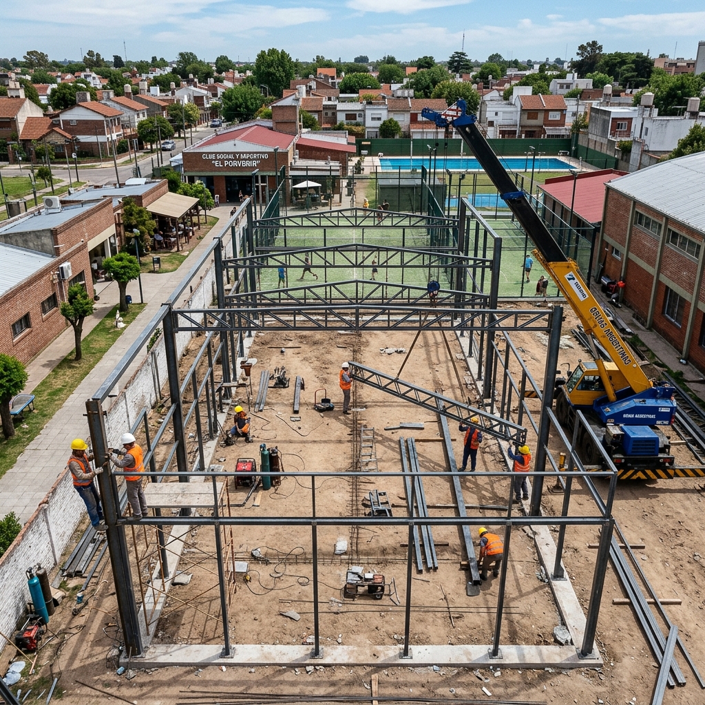 Análisis de escala de canchas de pádel en club de Argentina mostrando la estructura metálica en proceso de ensamblaje.