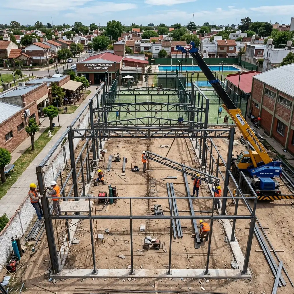 Análisis de escala de canchas de pádel en club de Argentina mostrando la estructura metálica en proceso de ensamblaje.
