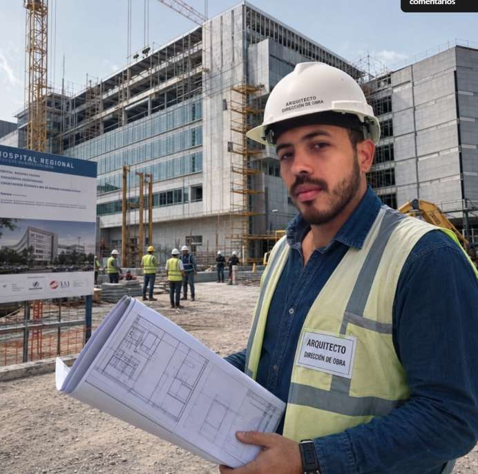 Pedro Salgado, arquitecto especializado en hospitales y sanatorios, revisando planos frente a un hospital en construcción con grúas y andamiajes.