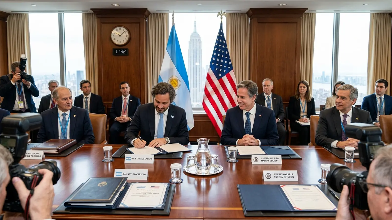 Ceremonia oficial de firma del acuerdo bilateral entre funcionarios de Argentina y Estados Unidos en Nueva York