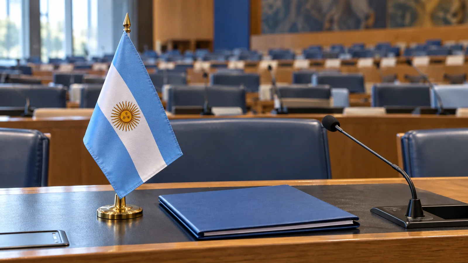 Ilustración de una bandera argentina y un micrófono sobre una mesa diplomática en una sala vacía