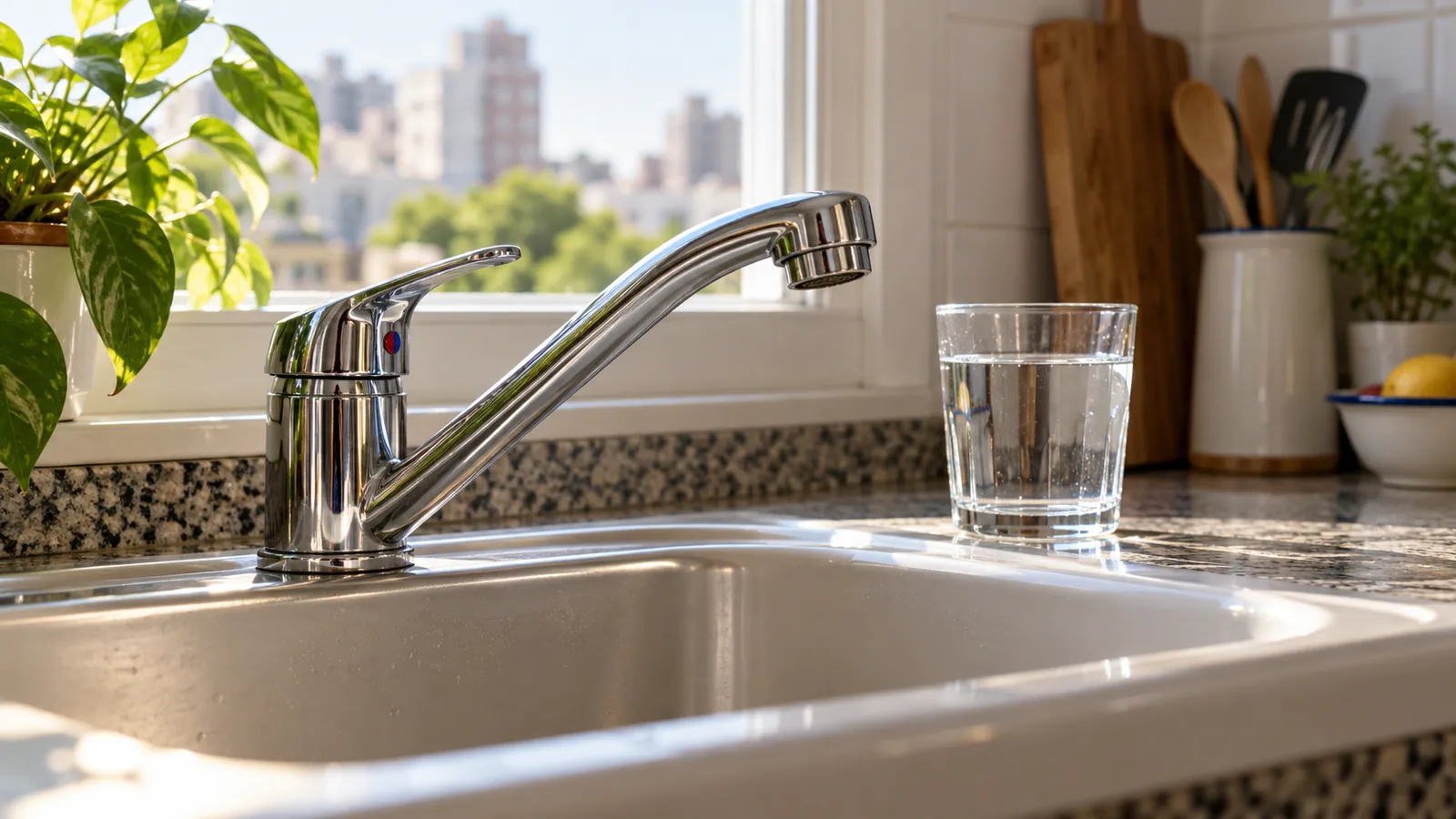 Ilustración de una canilla cerrada y un vaso con agua en la cocina de una vivienda urbana