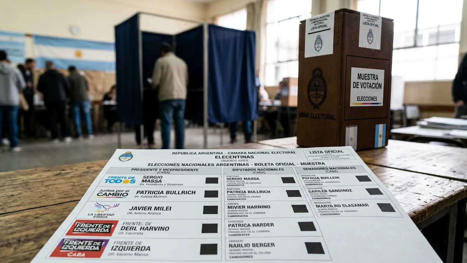 Muestra oficial de Boleta Única de Papel sobre una mesa electoral y una urna de votación en un establecimiento comicial