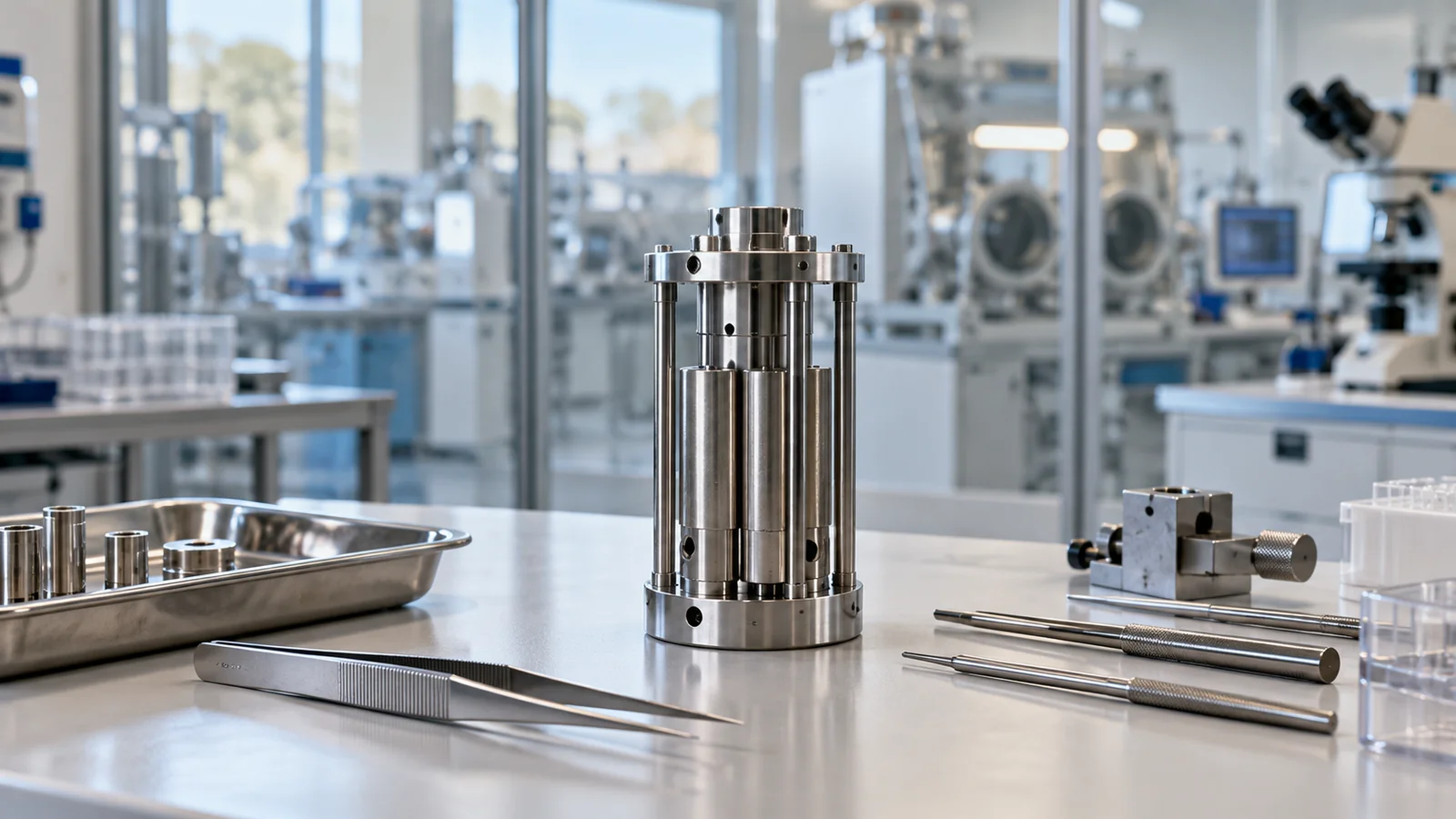 Ilustración de instrumental metálico de precisión sobre una mesa de laboratorio, con equipos de investigación al fondo