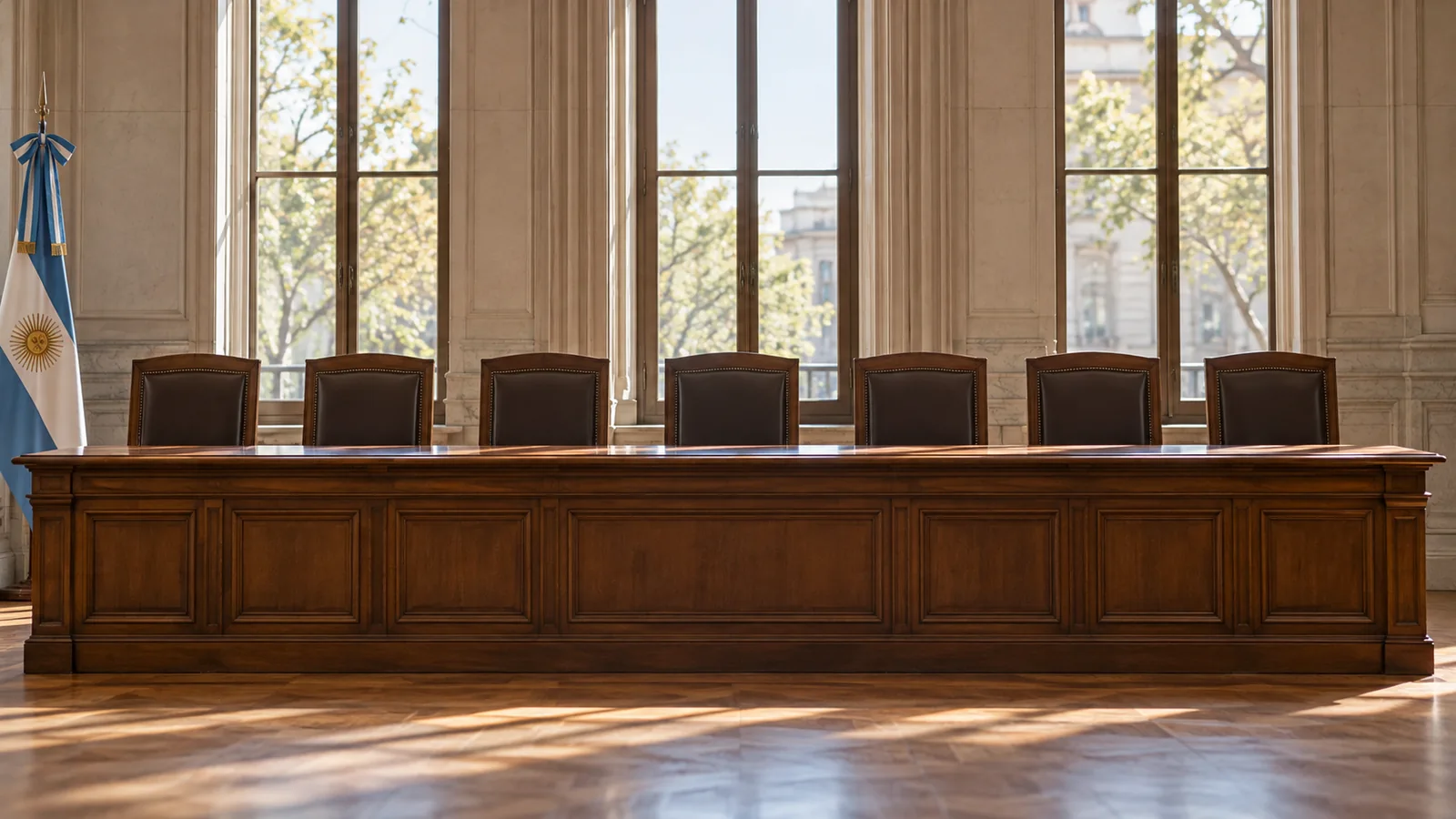 Ilustración de una sala judicial vacía con siete sillas detrás de una mesa y una bandera argentina