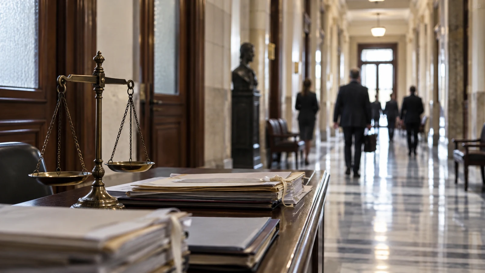 Pasillo de tribunales argentinos con expedientes y una balanza de justicia durante el proceso de designación de magistrados