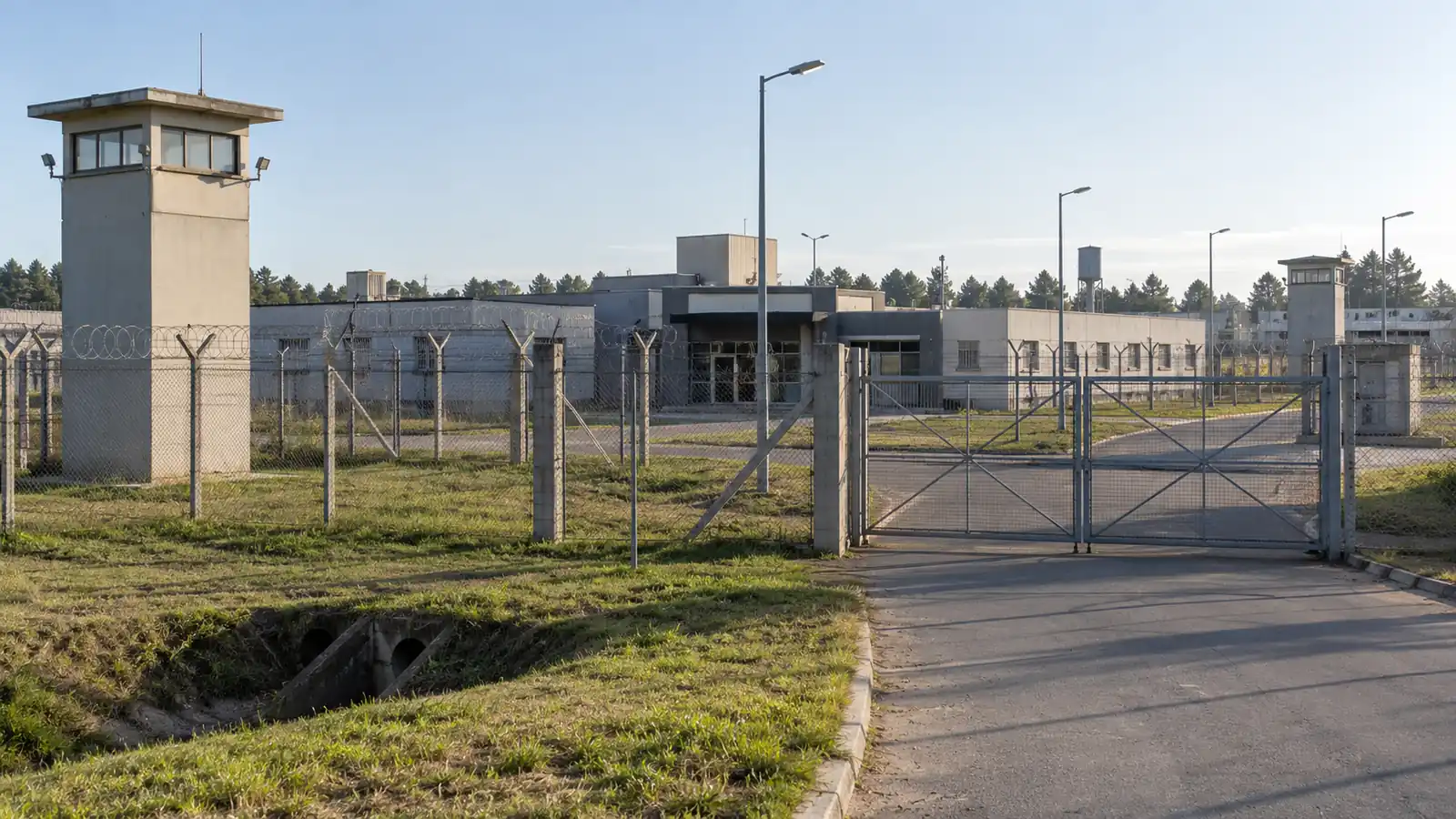 Ilustración de un complejo penitenciario y su acceso exterior protegido