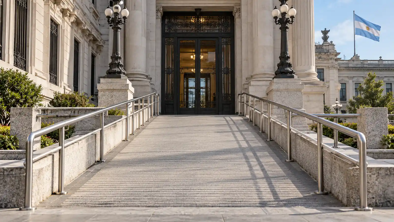 Ilustración de una rampa accesible con pasamanos en la entrada de un edificio público genérico