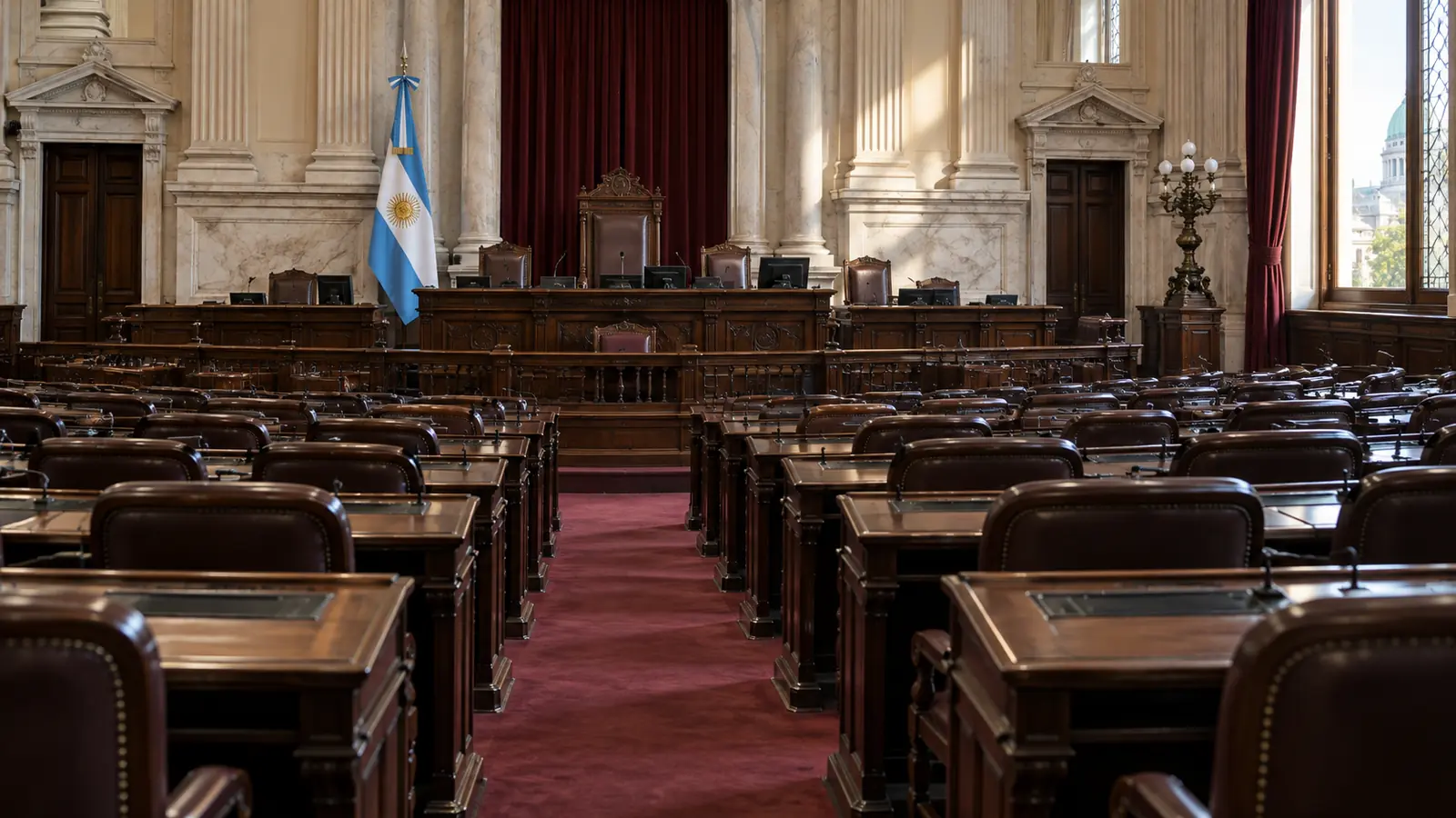 Ilustración editorial de un recinto legislativo vacío con bancas de madera y bandera argentina