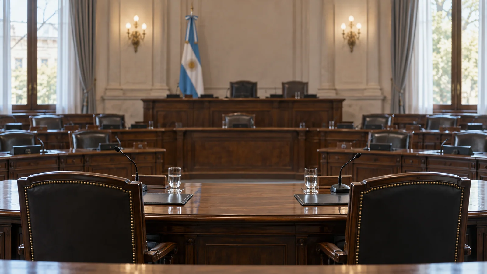 Ilustración editorial de una sala institucional vacía con dos sillas y una bandera argentina