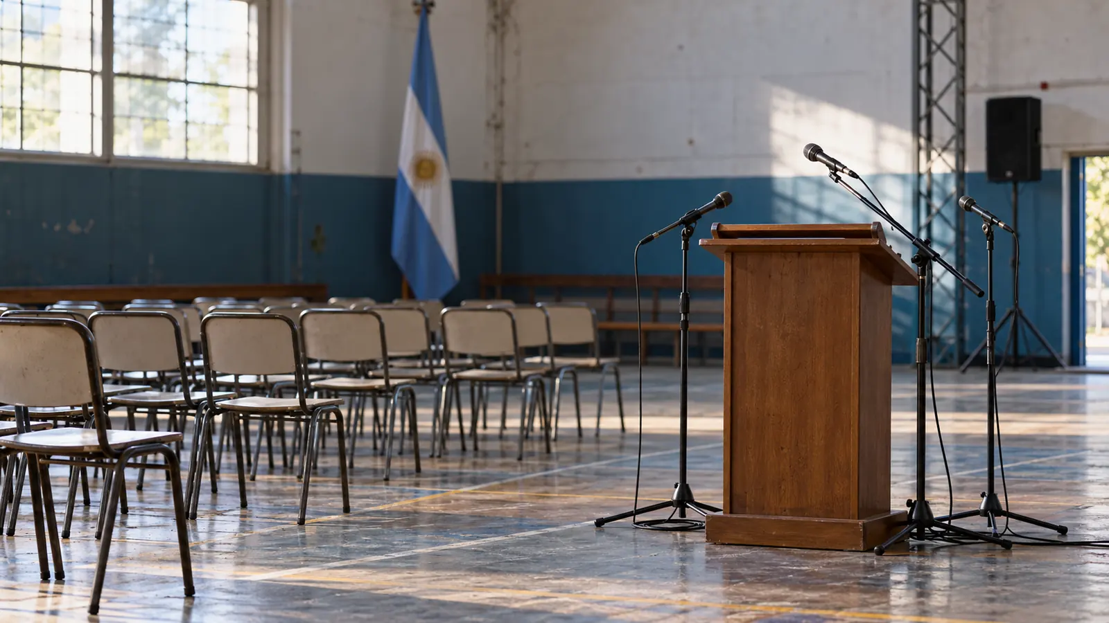 Ilustración de un atril con micrófonos y sillas vacías en un salón comunitario con bandera argentina