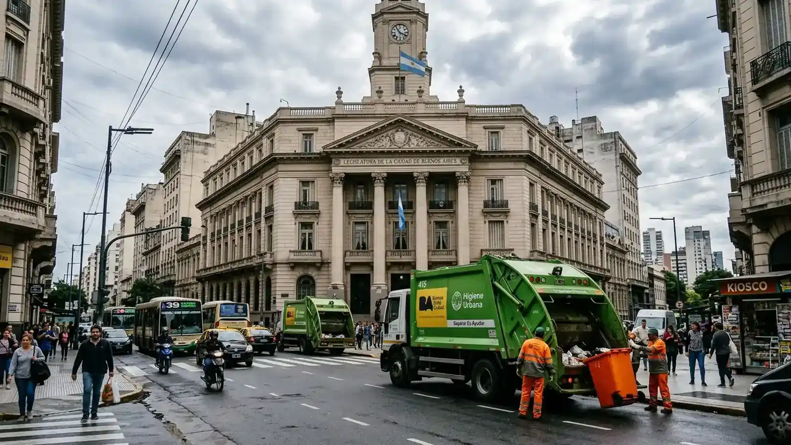 Legislatura de la Ciudad de Buenos Aires y camión de higiene urbana en la vía pública
