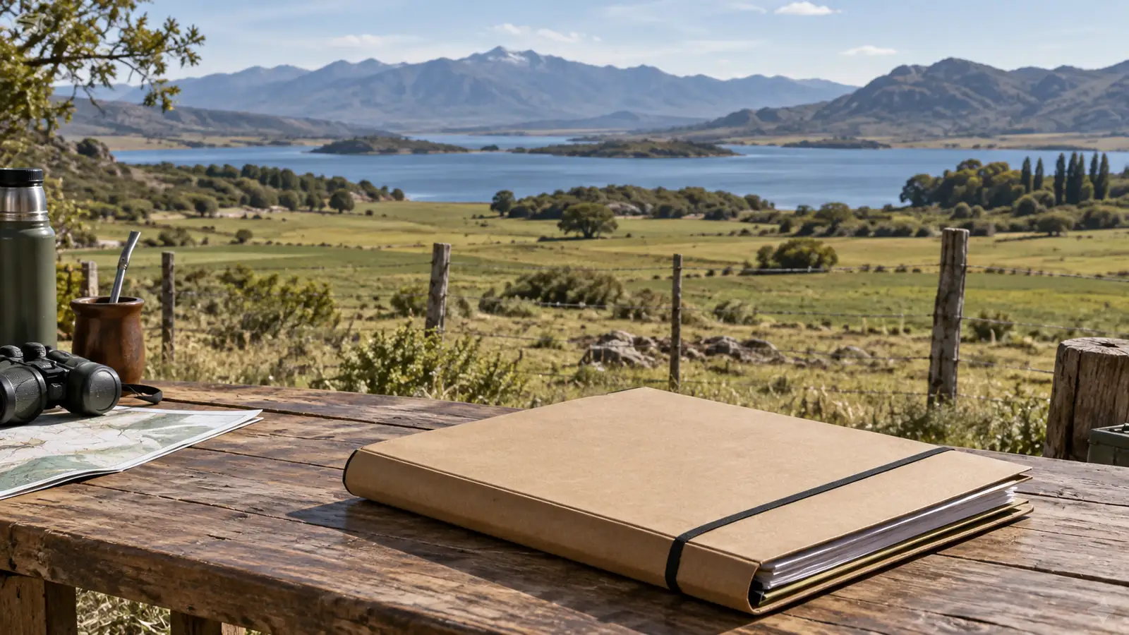 Ilustración de un paisaje rural con lago y una carpeta cerrada sobre una mesa