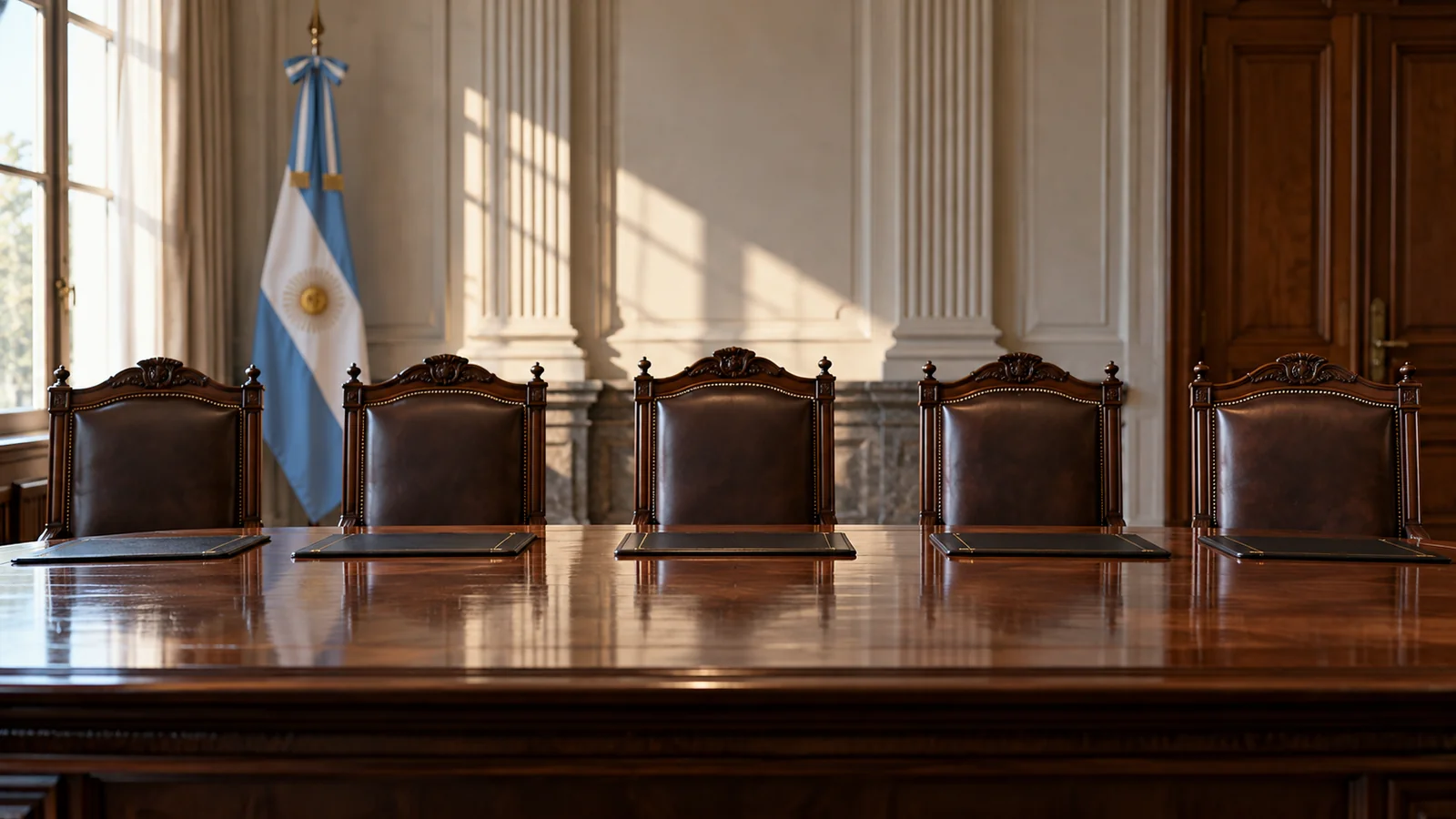 Ilustración de cinco sillas vacías en una sala judicial con una bandera argentina