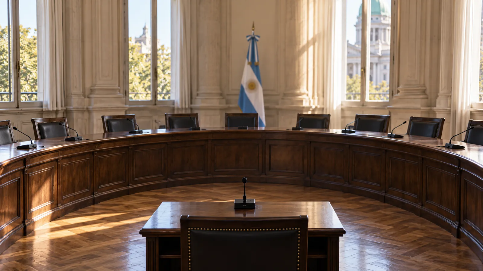 Ilustración de una sala de comisión vacía con escritorios semicirculares y una bandera argentina